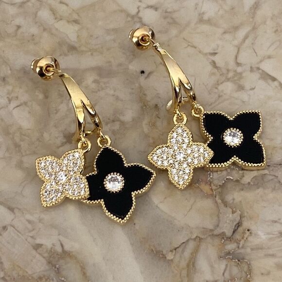 New! Gold Tone Four Leaf Clover Black & Rhinestones Dangle Earrings - Picture 1 of 7